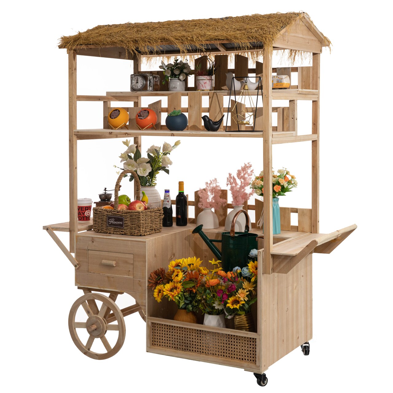Vintiquewise Versatile Multi-Tier Shelves Wooden Rolling Cart - Perfect for Festival, Event Stand, Food Tasting Table, Garden Floral Display Rack, & Home Decor with Straw Roof and 2 Wood Wheels